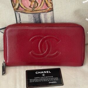 CHANEL Beautiful Caviar Large CC Timeless Zip Around Wallet in Red⭐️W/COA & CARD